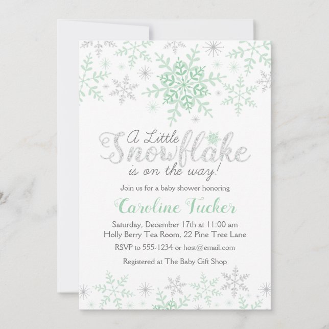 Winter Snowflakes Baby Shower Mint Green & Silver Invitation (Front)
