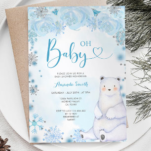 Winter Snowflakes Bear Blue Flowers Baby Shower Invitation