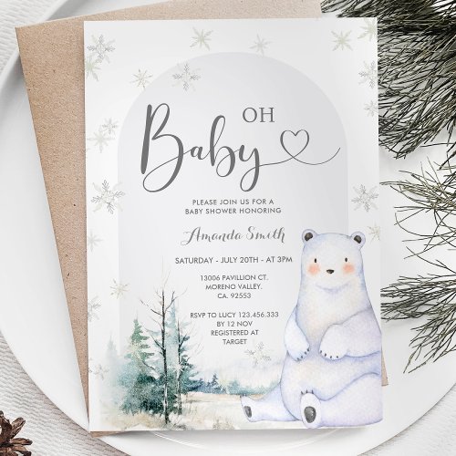 Winter Snowflakes Bear Evergreen Trees Baby Shower Invitation
