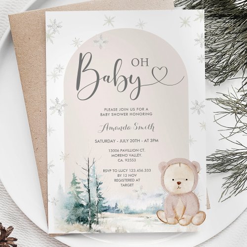 Winter Snowflakes Bear Evergreen Trees Baby Shower Invitation
