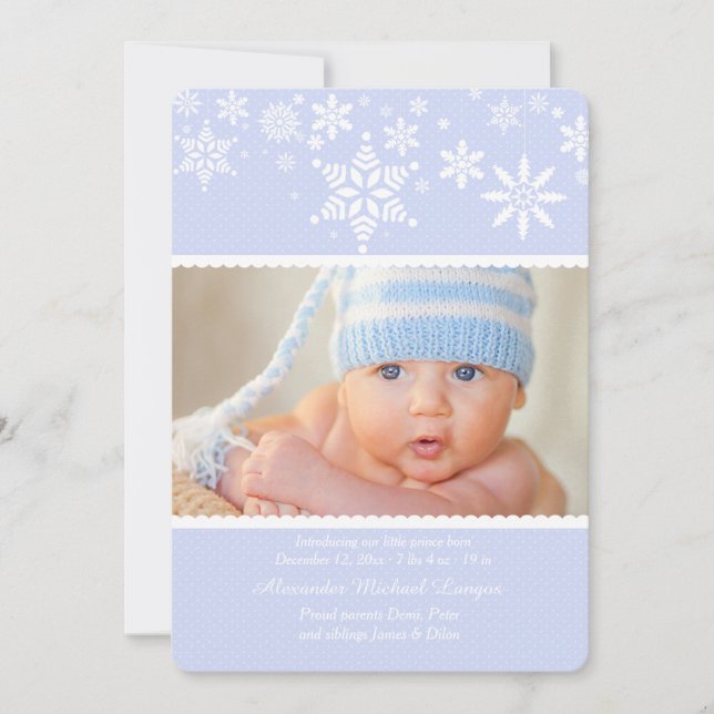 Winter Snowflakes Blue Birth Announcement (Front)