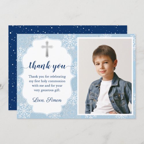 Winter Snowflakes Blue First Holy Communion Photo Thank You Card