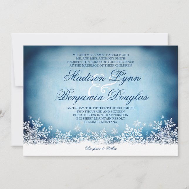 Winter Snowflakes Blue Holiday Wedding Invitations (Front)