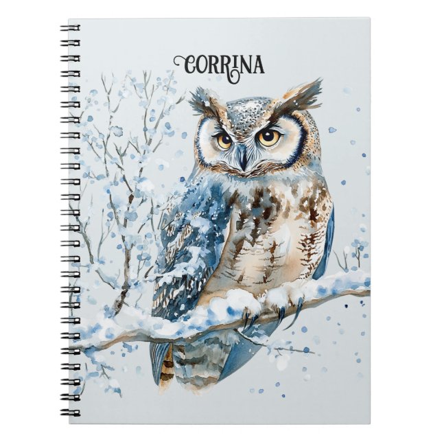 Winter Snowflakes Blue Owl Christmas Snow Notebook (Front)