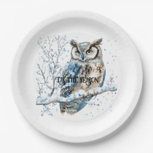 Winter Snowflakes Blue Owl Christmas Snow Paper Plates
