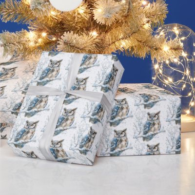 Winter Snowflakes Blue Owl Christmas Snow Wrapping Paper