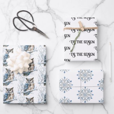 Winter Snowflakes Blue Owl Christmas Snow Wrapping Paper Sheets