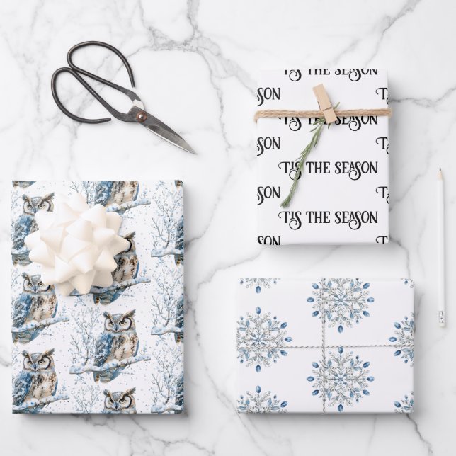 Winter Snowflakes Blue Owl Christmas Snow Wrapping Paper Sheets (Front)