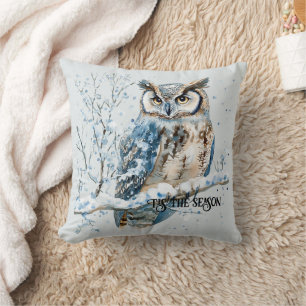 Winter Snowflakes Blue Owl Christmas Throw Pillow