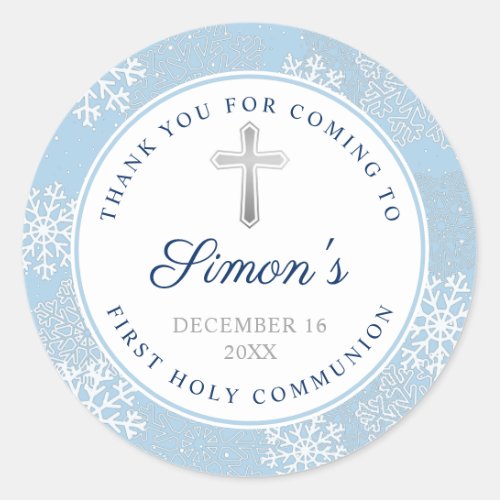 Winter Snowflakes Blue Silver First Holy Communion Classic Round Sticker