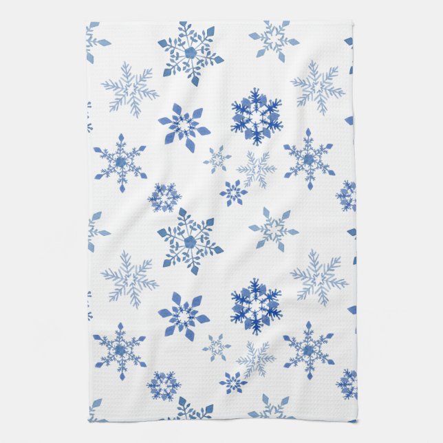 Winter snowflakes blue watercolor kitchen towel (Vertical)