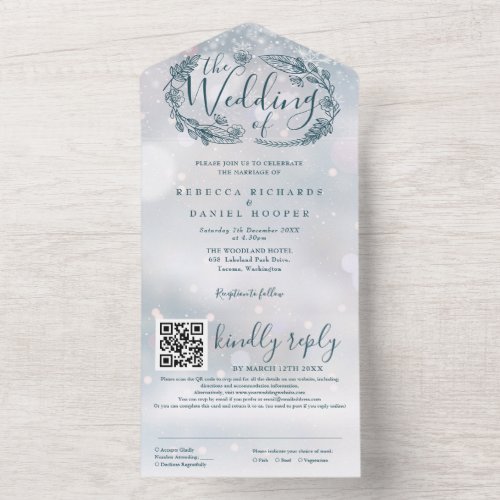 Winter Snowflakes Boho Floral QR Code Wedding All In One Invitation