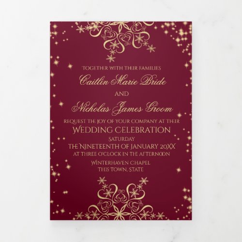 Winter Snowflakes Burgundy and Gold Sparkle Tri_Fold Card