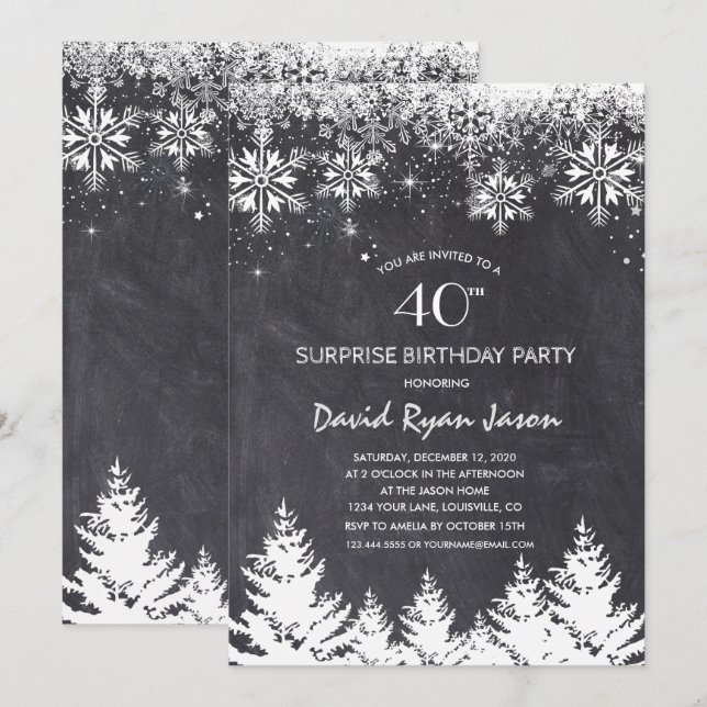 Winter Snowflakes Chalkboard Surprise Birthday Invitation (Front/Back)