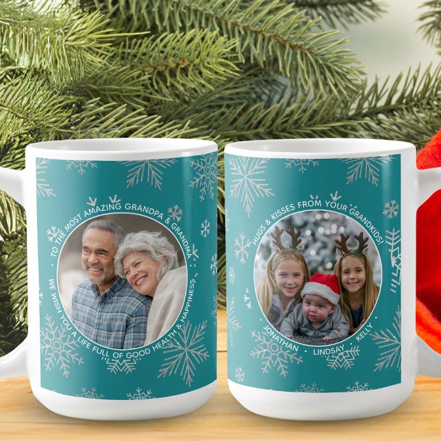 Winter Snowflakes Custom Photo Blue Christmas Coffee Mug (This lovely mug is the perfect way to embrace the spirit of the season.)