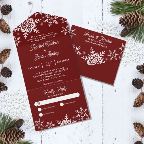 Winter Snowflakes Dark Red Christmas Wedding All In One Invitation