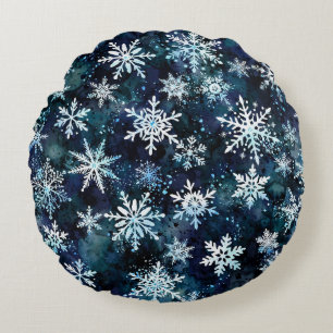 Winter Snowflakes Deep Blue Magical Night Round Pillow