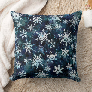 Winter Snowflakes Deep Blue Magical Night Throw Pillow
