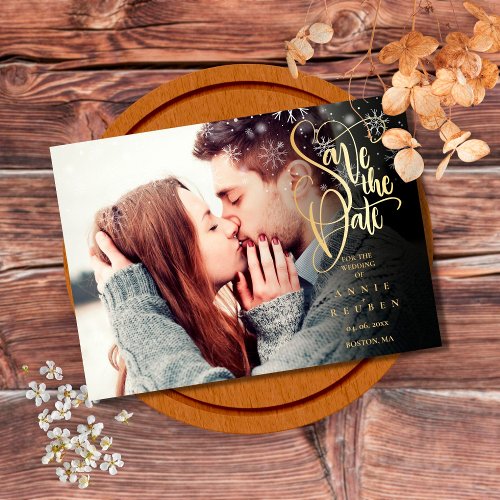 Winter Snowflakes Elegant Gold Script Photo Save The Date