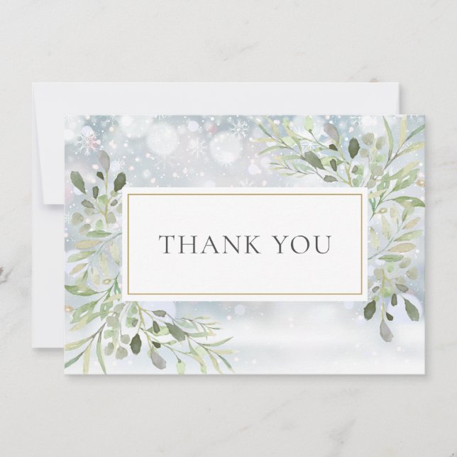 Winter Snowflakes Elegant Greenery Thank You Card (Front)