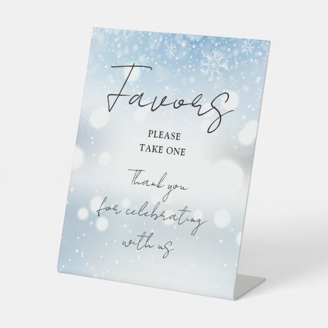 Winter Snowflakes Elegant Script Favors Pedestal Sign (Front)
