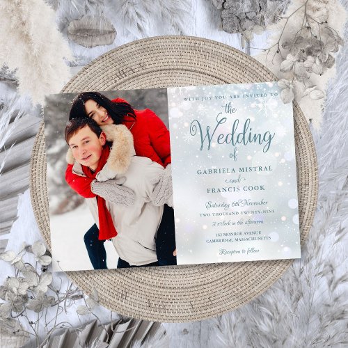 Winter Snowflakes Elegant Script Photo Wedding Invitation