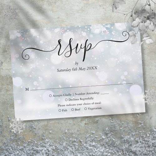 Winter Snowflakes Elegant Script Wedding RSVP Card