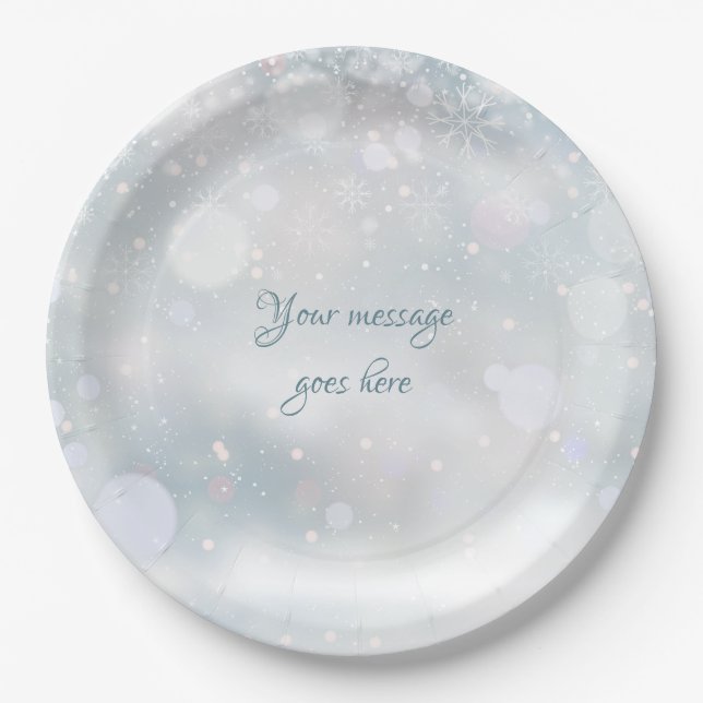 Winter Snowflakes Elegant Script Your Message Paper Plates (Front)