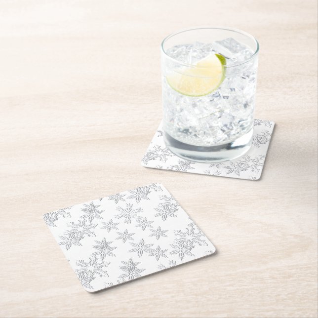 Winter Snowflakes Elegant White Square Paper Coaster (Insitu)