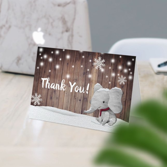 Winter Snowflakes Elephant Boy Rustic Wood Thank You Card (Creator Uploaded)