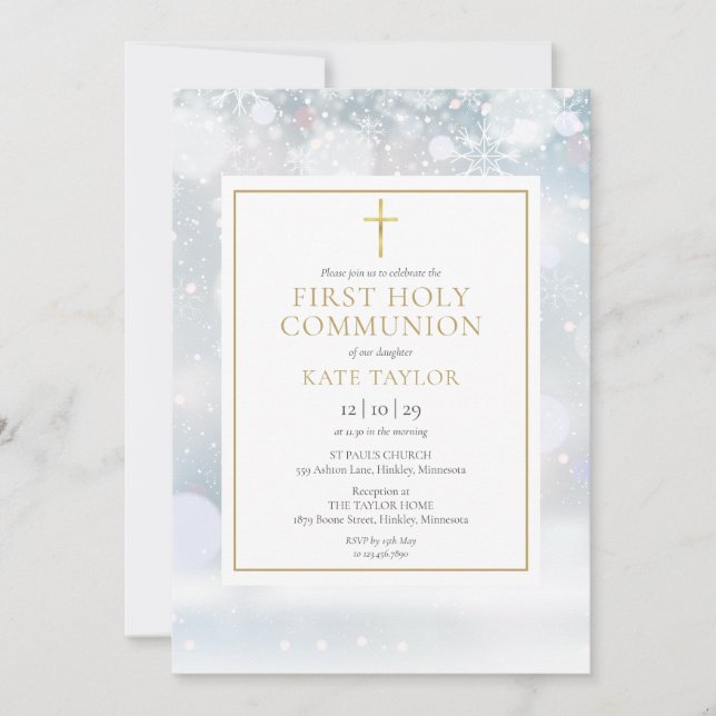 Winter Snowflakes First Holy Communion Invitation (Front)
