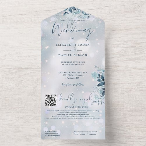 Winter Snowflakes Floral QR Code Wedding All In One Invitation