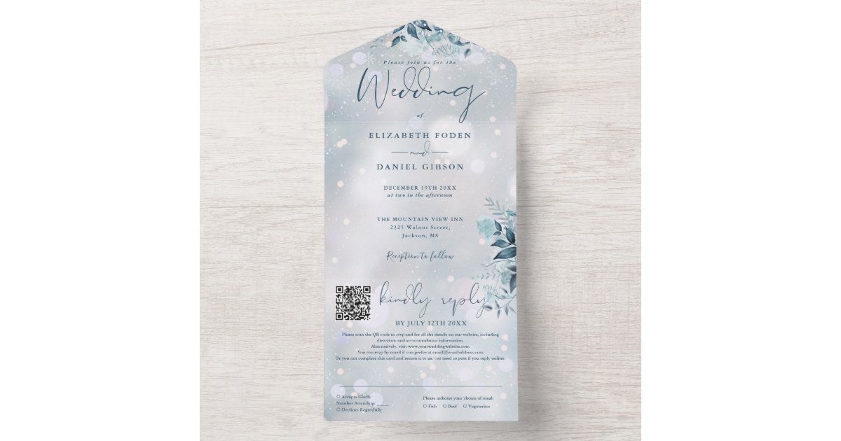 Winter Snowflakes Floral QR Code Wedding All In One Invitation | Zazzle