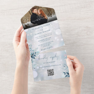 Winter Snowflakes Floral QR Code Wedding Photo All In One Invitation