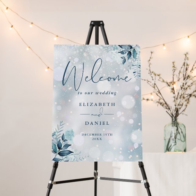 Winter Snowflakes Floral Wedding Welcome Sign (In Situ (Stand))
