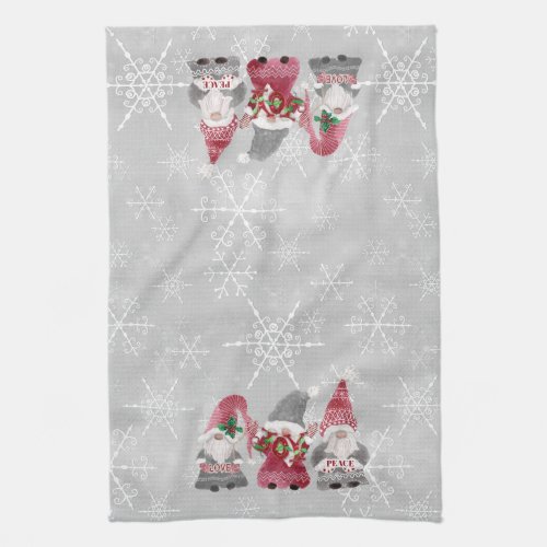 Winter Snowflakes Gnomes Love Joy Peace Watercolor Kitchen Towel