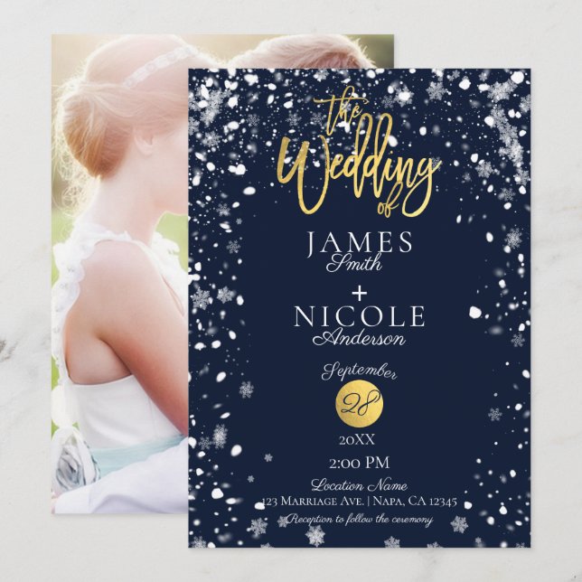 Winter Snowflakes Gold Foil Full Photo Wedding Invitation (Front/Back)