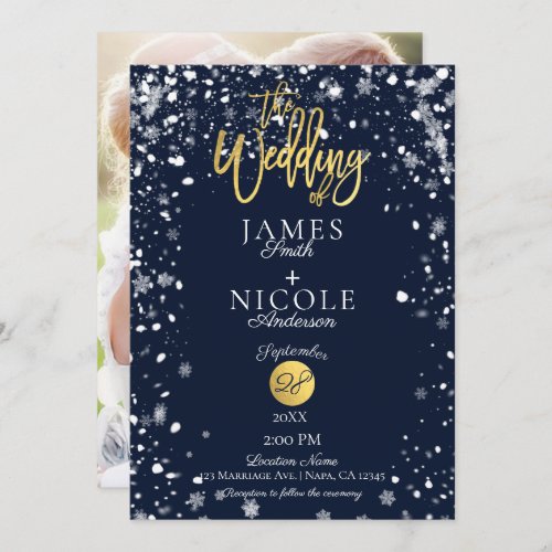 Winter Snowflakes Gold Foil Full Photo Wedding Invitation