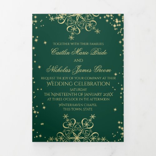Winter Snowflakes Green and Gold Sparkle  Tri_Fold Card
