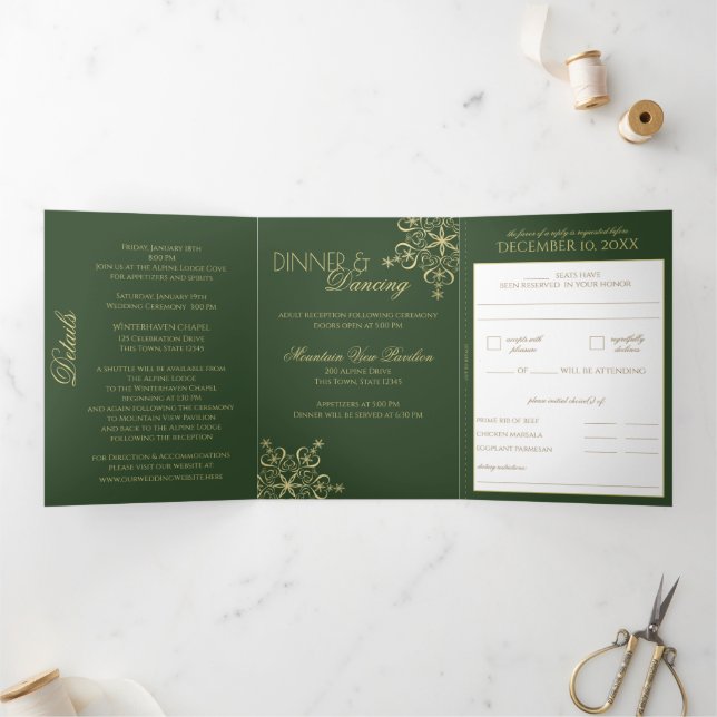 Winter Snowflakes Green and Gold Sparkle  Tri-Fold Card (Inside)