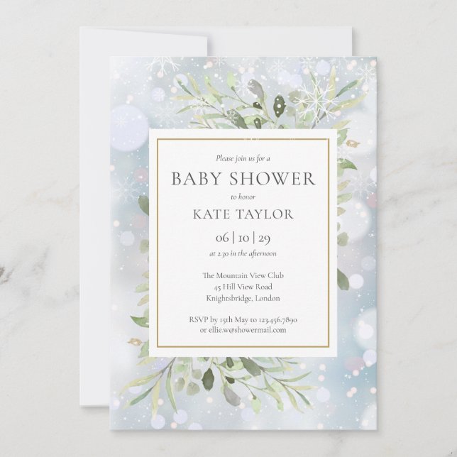 Winter Snowflakes Greenery Baby Shower Invitation (Front)