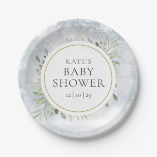 Winter Snowflakes Greenery Baby Shower Paper Plates