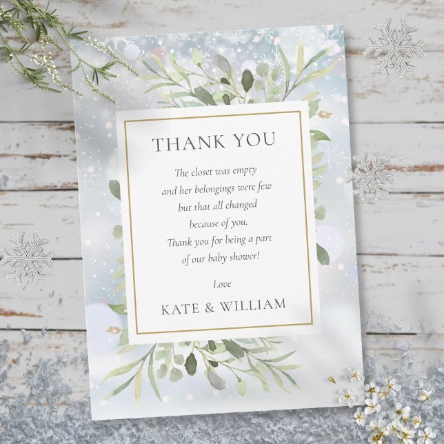 Winter Snowflakes Greenery Baby Shower Poem Thank You Card (Winter Snowflakes Greenery Baby Shower Poem Thank You Card)