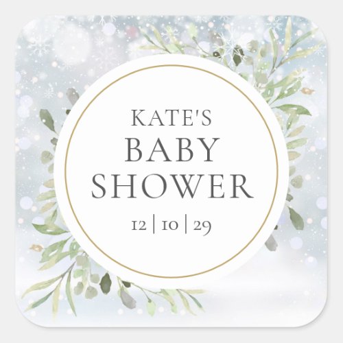 Winter Snowflakes Greenery Baby Shower Square Sticker