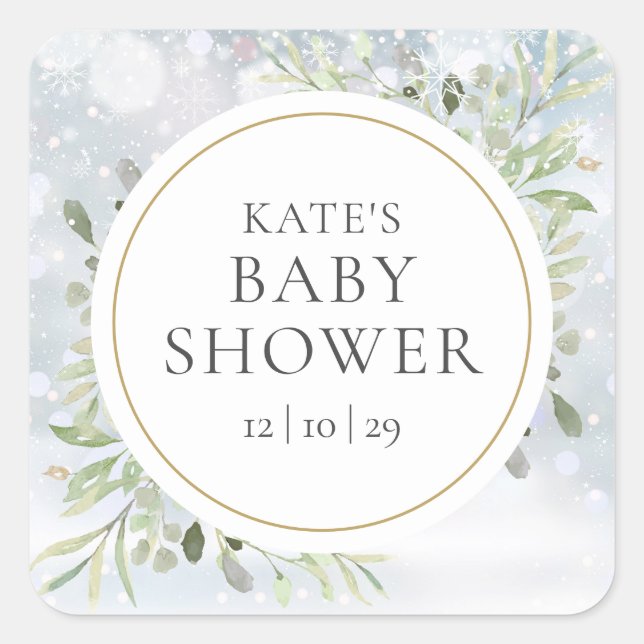 Winter Snowflakes Greenery Baby Shower Square Sticker (Front)