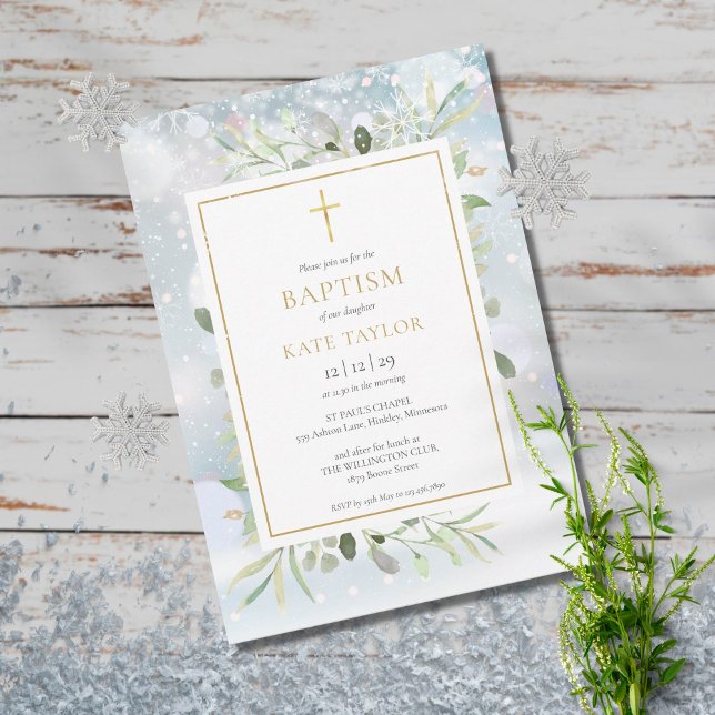 Winter Snowflakes Greenery Baptism Christening Invitation (Creator Uploaded)