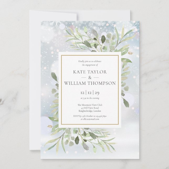 Winter Snowflakes Greenery Floral Engagement Invitation (Front)