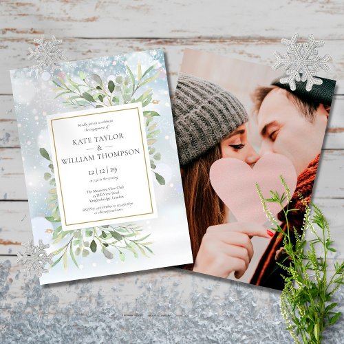 Winter Snowflakes Greenery Photo Engagement Invitation