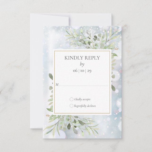 Winter Snowflakes Greenery Wedding RSVP Card (Front)