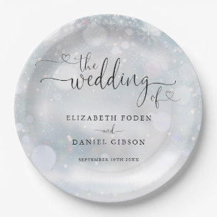 Winter Snowflakes Heart Script Wedding Paper Plates